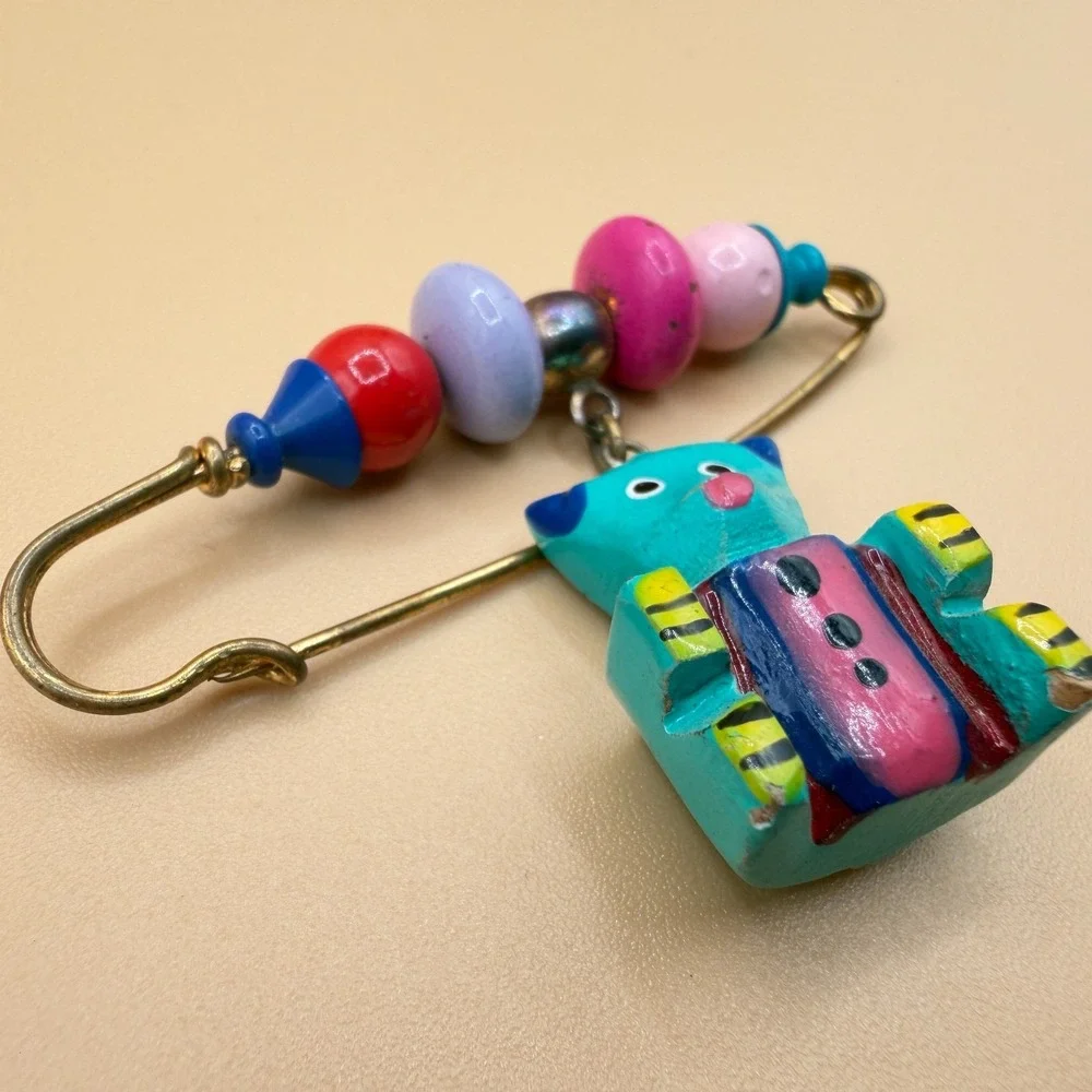 Colorful Cat Beaded Safety Pin Brooch Folk Art Whimsical Boho Statement Gift
